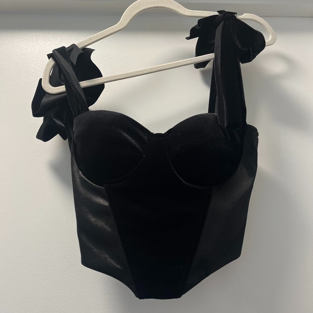 Vintage Velvet / Velour Cropped Black Bustier Top - built in bra - XS -